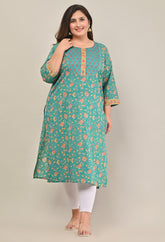 Plus Size Turquoise Cotton Printed Straight Kurta-569